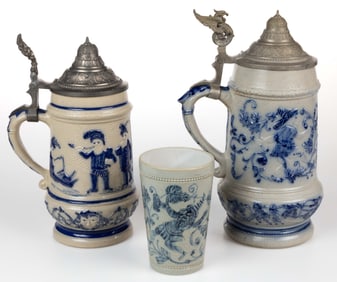 AMERICAN WHITE'S POTTERY, UTICA, NEW YORK DECORATED GNOME MOTIF STONEWARE DRINKING ARTICLES, LOT OF