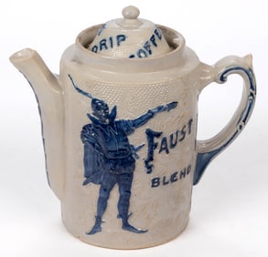 AMERICAN WHITE'S POTTERY, UTICA, NEW YORK MOLDED STONEWARE ADVERTISING COFFEE POT
