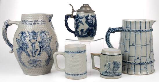 AMERICAN WHITE'S POTTERY, UTICA, NEW YORK MOLDED DRINKING ARTICLES, LOT OF FIVE