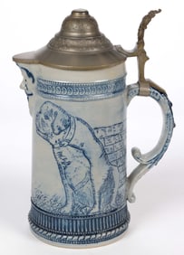 AMERICAN WHITE'S POTTERY, UTICA, NEW YORK, DECORATED DOG MOTIF STONEWARE PITCHER