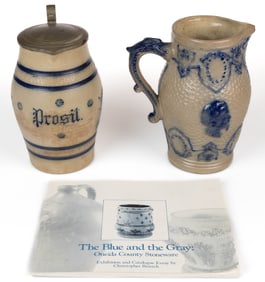 AMERICAN WHITE'S POTTERY, UTICA, NEW YORK DECORATED STONEWARE PITCHERS, LOT OF TWO