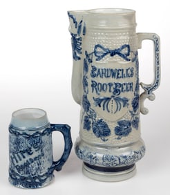 AMERICAN WHITE'S POTTERY, UTICA, NEW YORK, MOLDED ROOT BEER ADVERTISING DRINKING ARTICLES, LOT OF