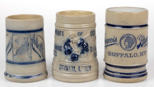 AMERICAN WHITE'S POTTERY, UTICA, NEW YORK STONEWARE ADVERTISING MUGS, LOT OF THREE