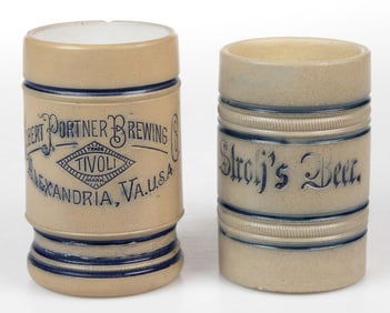 AMERICAN WHITE'S POTTERY, UTICA, NEW YORK STONEWARE ADVERTISING MUGS, LOT OF TWO