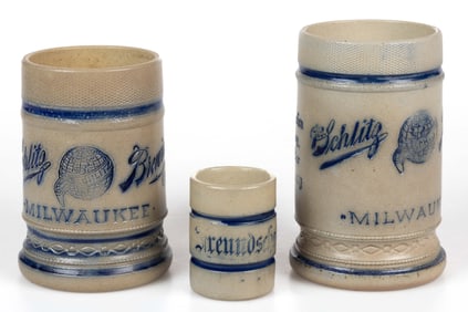 AMERICAN WHITE'S POTTERY, UTICA, NEW YORK STONEWARE "SCHLITZ BREWING CO." ADVERTISING MUGS, LOT OF