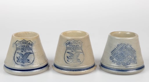 AMERICAN WHITE'S POTTERY, UTICA, NEW YORK STONEWARE ADVERTISING MATCH SAFES, LOT OF THREE