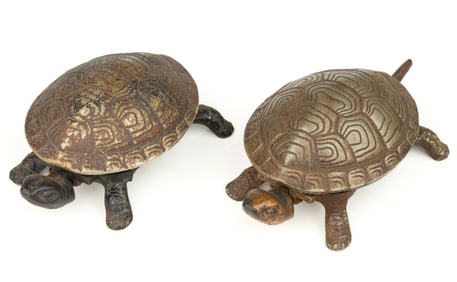 FIGURAL TURTLE CAST-IRON MECHANICAL DESK / HOTEL BELLS, LOT OF TWO