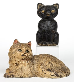 AMERICAN PAINTED CAST-IRON FIGURAL CAT DOORSTOPS, LOT OF TWO