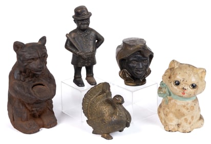 ASSORTED CAST-IRON FIGURAL STILL BANKS, LOT OF FIVE