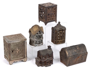 ASSORTED BUILDING AND OTHER CAST-IRON PENNY / STILL BANKS, LOT OF SIX