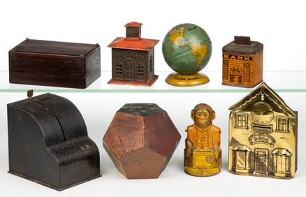 ASSORTED TIN LITHOGRAPHED AND OTHER BANKS, LOT OF EIGHT