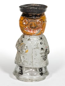 PUMPKIN HEAD POLICEMAN / HALLOWEEN-THEMED FIGURAL PRESSED GLASS CANDY CONTAINER