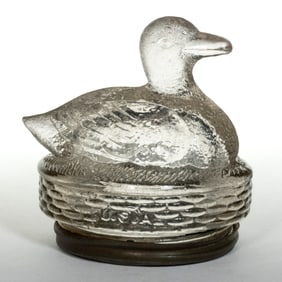 DUCK ON ROUND BASE FIGURAL PRESSED GLASS CANDY CONTAINER