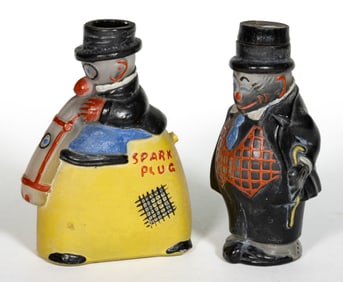 1920'S COMIC CHARACTER FIGURAL GLASS PERFUME BOTTLES OR CANDY CONTAINERS, LOT OF TWO