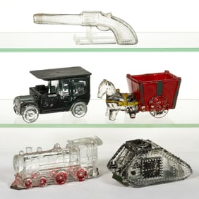 ASSORTED FIGURAL GLASS CANDY CONTAINERS, LOT OF FIVE