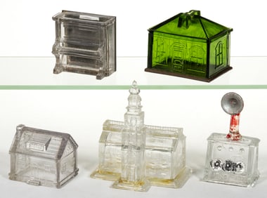ASSORTED FIGURAL PRESSED GLASS CANDY CONTAINERS AND STILL BANKS, LOT OF FIVE