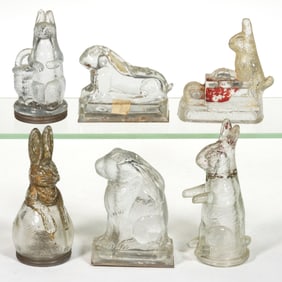 ASSORTED EASTER-THEMED / BUNNY RABBIT FIGURAL PRESSED GLASS CANDY CONTAINERS, LOT OF SIX