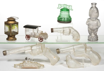 ASSORTED FIGURAL GLASS CANDY CONTAINERS AND PERFUME BOTTLES, LOT OF NINE