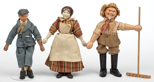 VINTAGE AMERICAN ALBERT SCHOENHUT ASSORTED FARM-RELATED WOODEN DOLLS, LOT OF THREE