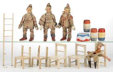 VINTAGE AMERICAN ALBERT SCHOENHUT WOODEN CIRCUS CLOWNS / DOLLS AND PROPS, LOT OF 14