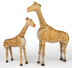 VINTAGE AMERICAN ALBERT SCHOENHUT HUMPTY DUMPTY CIRCUS WOODEN GIRAFFE TOYS, LOT OF TWO