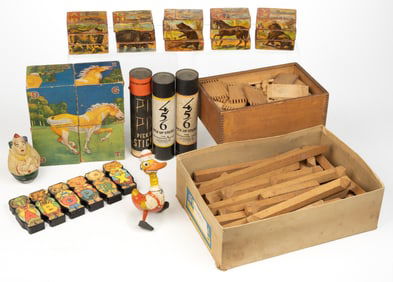 VINTAGE AMERICAN ALBERT SCHOENHUT AND OTHER WOODEN AND COMPOSITION TOYS, UNCOUNTED LOT