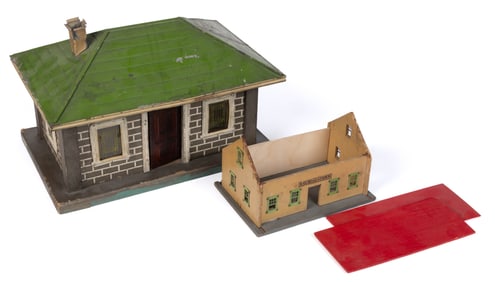 VINTAGE AMERICAN ALBERT SCHOENHUT WOODEN TOY RAILROAD STATIONS, LOT OF TWO