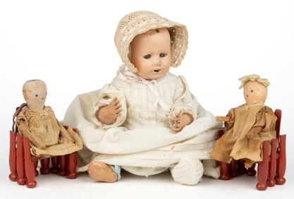 ASSORTED VINTAGE AMERICAN ALBERT SCHOENHUT COMPOSITION AND WOODEN DOLLS, LOT OF THREE