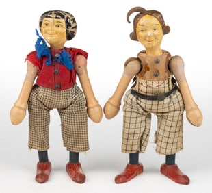 VINTAGE AMERICAN ALBERT SCHOENHUT MAX AND MORITZ WOODEN DOLLS, LOT OF TWO