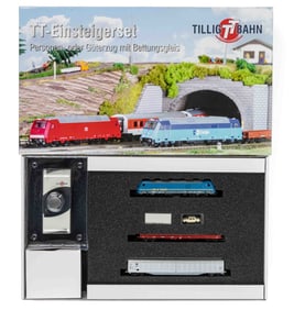 GERMAN TILLIG BAHN TT-SCALE ART.-NO. 01438 "TT-EINSTEIGERSET" COMPLETE MODEL RAILROAD FREIGHT CAR