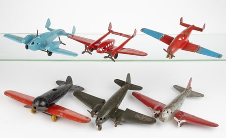 ASSORTED WYANDOTTE AND MARX PRESSED-STEEL TOY AIRPLANES, LOT OF SIX