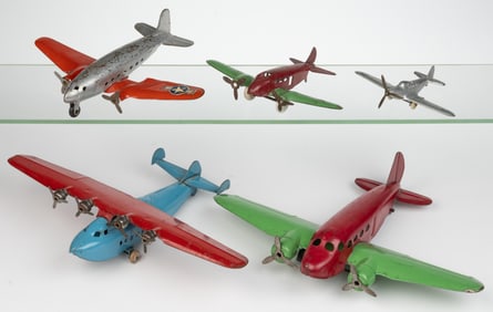 ASSORTED WYANDOTTE AND OTHER PRESSED-STEEL / METAL TOY AIRPLANES, LOT OF FIVE