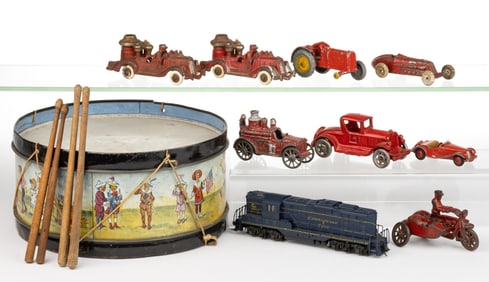 ASSORTED CAST-IRON AND LITHOGRAPHED TIN CHILDREN'S TOYS, LOT OF 14