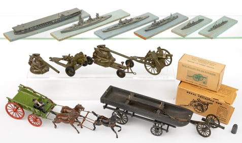 BRITAINS AND AUTHENTICAST TOY SOLDIERS, ARTILLARY WAGONS, AND BATTLE SHIPS, UNCOUNTED LOT