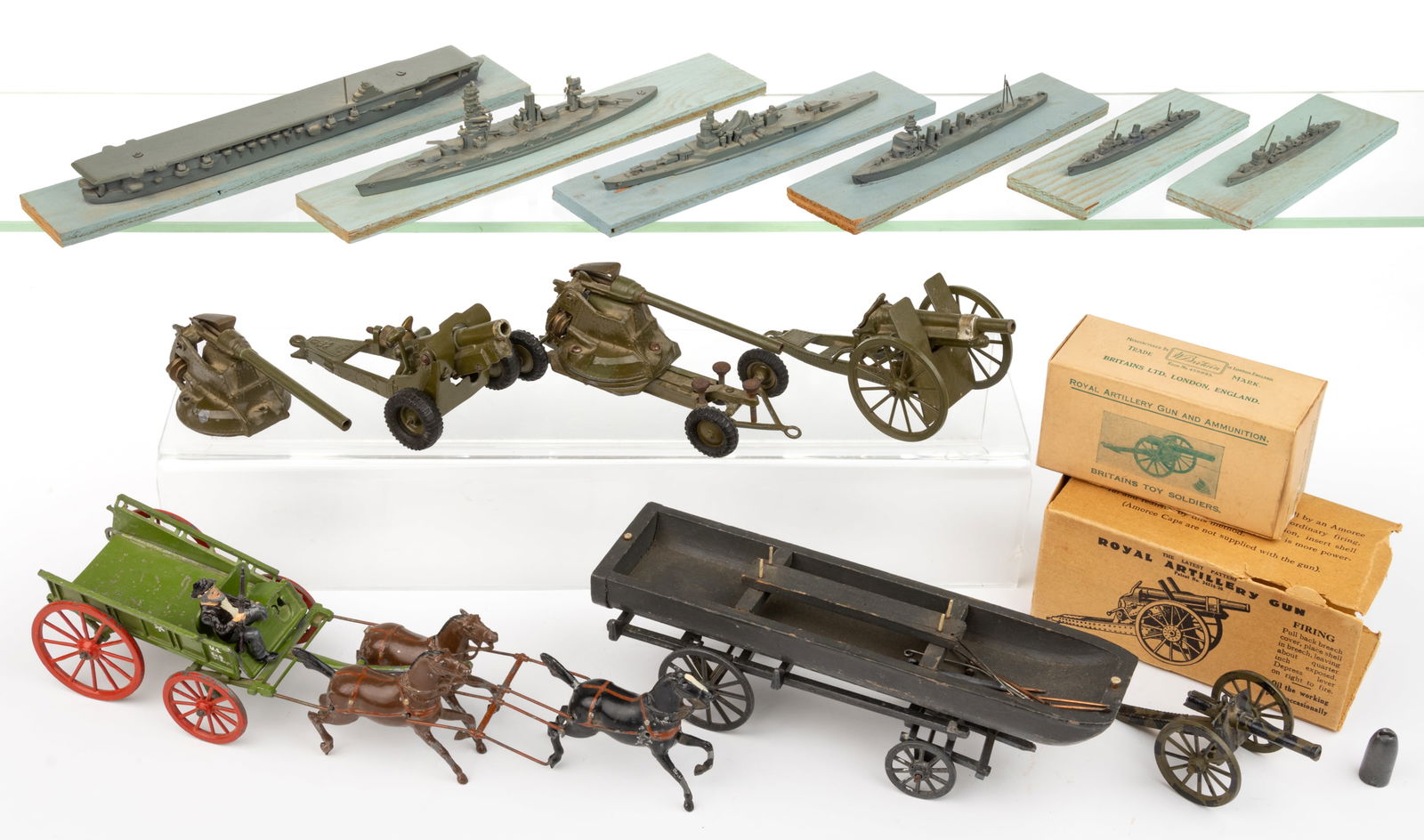 BRITAINS AND AUTHENTICAST TOY SOLDIERS, ARTILLARY WAGONS, AND BATTLE SHIPS, UNCOUNTED LOT (1 of 1)