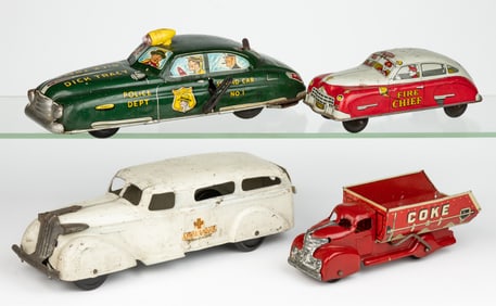 ASSORTED PRESSED-STEEL AND TIN LITHOGRAPHED VEHICLES, LOT OF FOUR