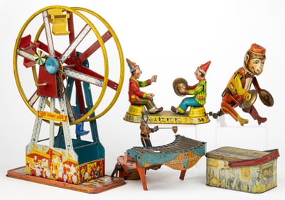 ASSORTED TIN LITHOGRAPHED CIRCUS TOYS, LOT OF FIVE