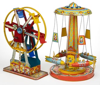 J. CHEIN AND OHIO ART TIN LITHOGRAPHED WIND-UP CIRCUS / CARNIVAL TOYS, LOT OF TWO