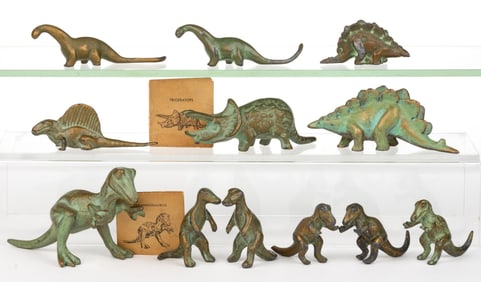 VINTAGE SRG CO. PATINATED-METAL "ROYAL BRONZE" DINOSAUR FIGURINES / TOYS, LOT OF 12