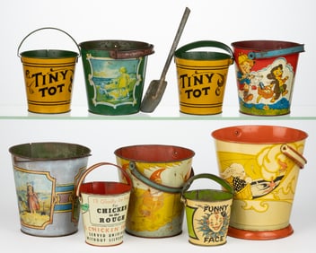 OHIO ART COMPANY TIN LITHOGRAPHED SAND PAILS / BUCKETS, LOT OF 10
