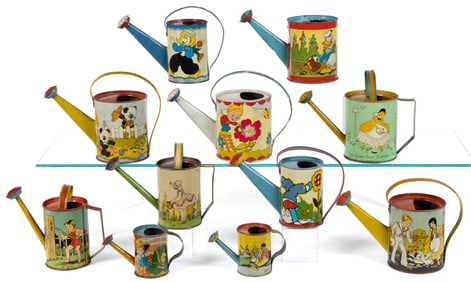 OHIO ART COMPANY TIN LITHOGRAPHED WATERING CANS, LOT OF 11