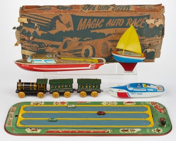 OHIO ART COMPANY & WOLVERINE TIN LITHOGRAPHED TRANSPORTATION TOYS, LOT OF SEVEN
