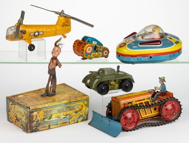 ASSORTED TIN LITHOGRAPHED AND OTHER TOYS, LOT OF SIX