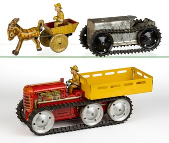 MARX AND OTHER TIN LITHOGRAPHED WIND-UP TRACTOR / FARMING TOYS, LOT OF THREE
