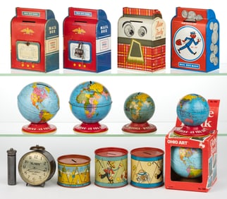 OHIO ART COMPANY TIN LITHOGRAPHED BANKS, LOT OF 14