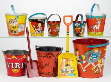 OHIO ART COMPANY TIN LITHOGRAPHED SAND PAILS / BUCKETS, LOT OF 10