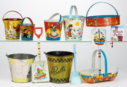 OHIO ART COMPANY TIN LITHOGRAPHED SAND PAILS / BUCKETS AND RELATED ARTICLES, LOT OF 11