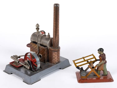 GERMAN STEAM ENGINE TOY WITH TIN LITHOGRAPHED SAW ACCESSORY