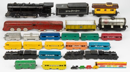 ASSORTED TIN LITHOGRAPHED, PRESSED-STEEL, AND DIE-CAST TOY TRAIN CARS, UNCOUNTED LOT