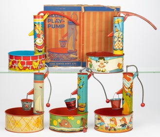 OHIO ART COMPANY TIN LITHOGRAPHED WATER PUMP TOYS, LOT OF FIVE